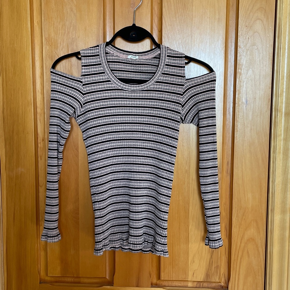 REVOLVE Monrow Black and Rose Striped Cold Shoulder Top M